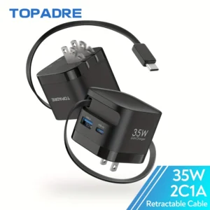 Charger with Retractable Cable, Foldable Plug