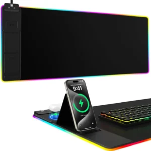 Wireless Charging Gaming Mouse Pad with Phone Holder, Large Desk Mat
